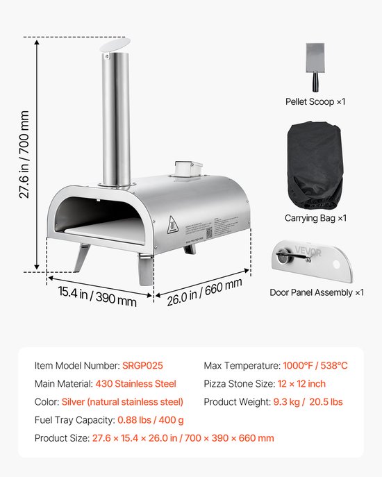 VEVOR Outdoor Pizzaoven 12 Inch Pelletpizzaoven, Draagbare Pizzaoven met Ingebouwde Thermometer, Houtgestookt, Pizzasteen, Pizzaschep en Draagtas, Roestvrijstalen Pizzamaker, voor Tuin en Kamperen van Merkloos — afbeelding 2