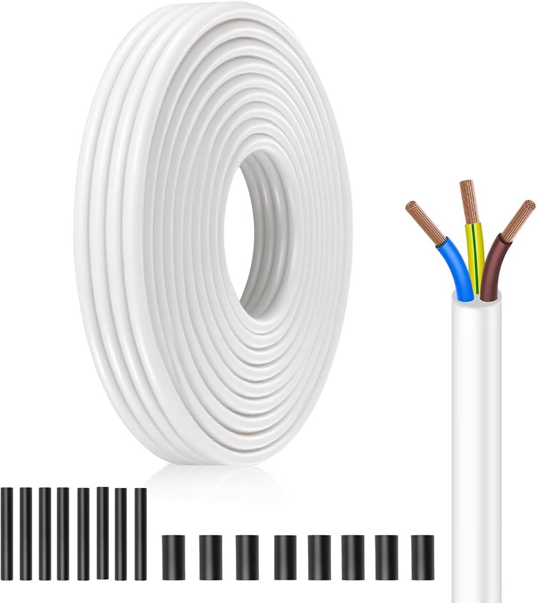 Flexibele 3-aderige PVC Installatiekabel 1,5 mm² Wit - 10 Meter - Electrische Aansluitkabel