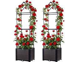 HoerFuriy Plantenbak met Klimrek Set van 2 - Zelfwaterend - 40x40x150cm - Verrijdbaar Klimplantenrek - Antraciet