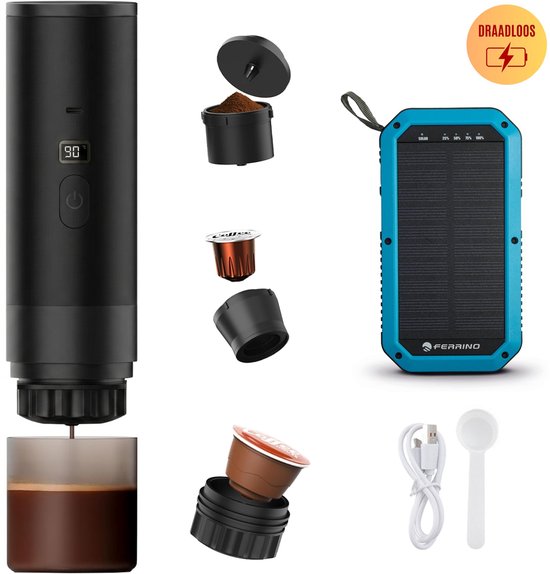 Best Active - 3-in-1 Draagbare Koffiemachine - Inclusief 10.000 mAh Solar Powerbank - Draagbaar Koffiezetapparaat - Cups en Gemalen Koffie - Draagbaar en Oplaadbaar - Espressomachine - Zwart