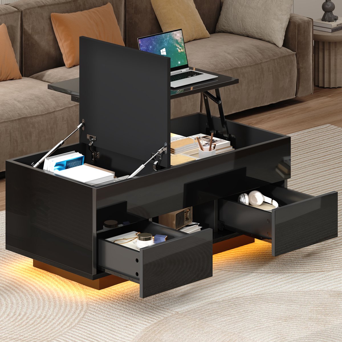 PHOEBE CAT Salontafel - In hoogte verstelbaar tafelblad - 2 lades - Hoogglans - LED-verlichting - Zwart