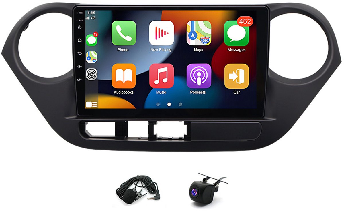 9inch Autoradio Stereo met Carplay GPS Navigatie WiFi Bluetooth Spiegel Link Split Screen Stuurbediening RDS 2+32G Android 14 Speler met Camera Compatibel voor Hyundai I10 2013-2016
