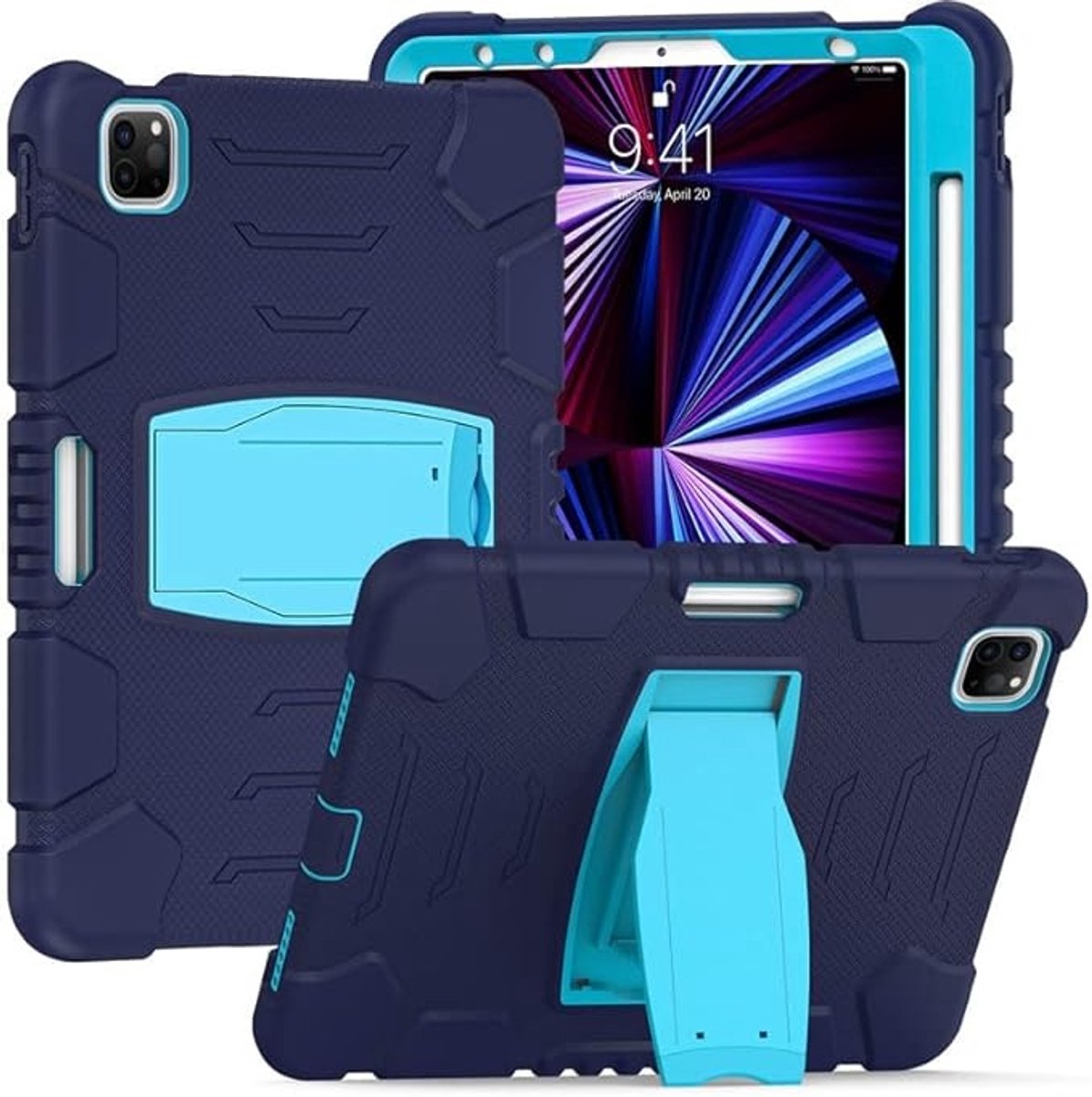 Hybride siliconen beschermhoes voor iPad Pro 12.9 (2018/2020) met standaard - duurzaam en schokbestendig - marineblauw/blauw