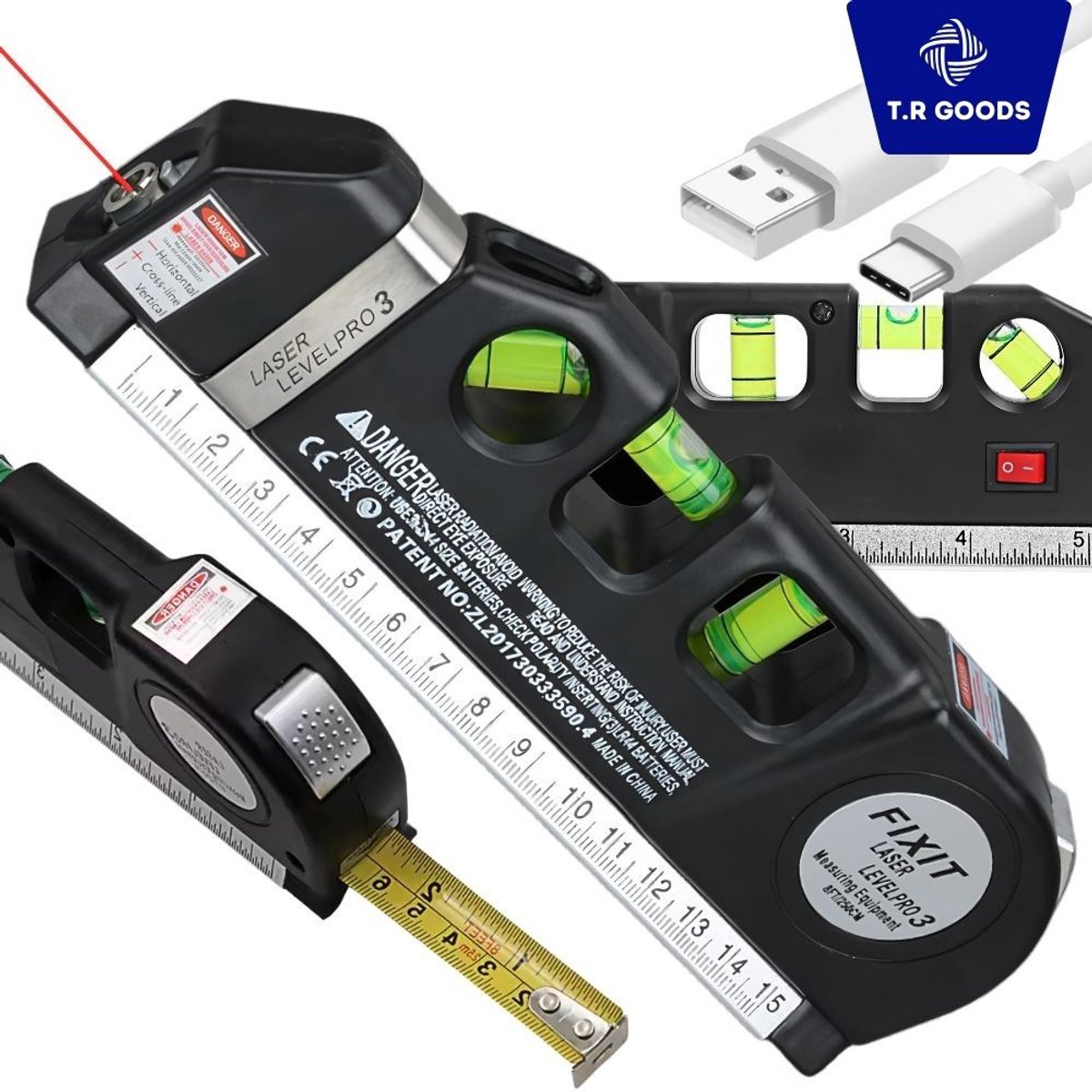 T.R Goods Laser Waterpas met Rolmaat 2,5 Meter – 3 Laserstanden (Horizontaal/Verticaal/Kruis) – USB Oplaadbaar – 3 Libellen – 19 cm – Zwart