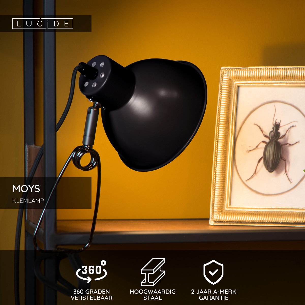 Lucide klemlamp Moys zwart E27