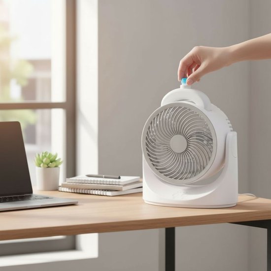 Witte tafelventilator op een bureau, hand draait aan het blauwe knopje. Laptop en plant ernaast.