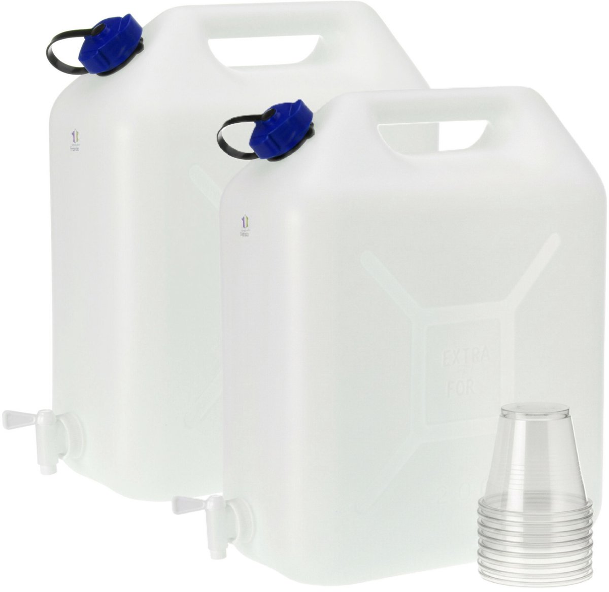 Plasticforte grote water Jerrycan - 2x - 21 liter - Kunststof - met kraantje en dop - Water reservoir - camping - 41 x 17 x 44 cm