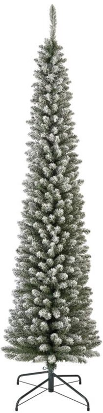Slanke kunstkerstboom met een witte 'sneeuw'-coating, staand op een standaard.