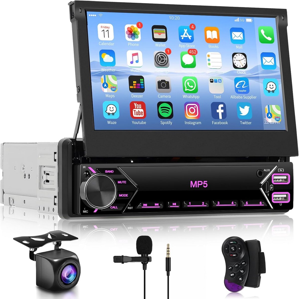 Autoradio 1 DIN met 7 inch Uitklapbaar Touchscreen, Bluetooth en Achteruitrijcamera