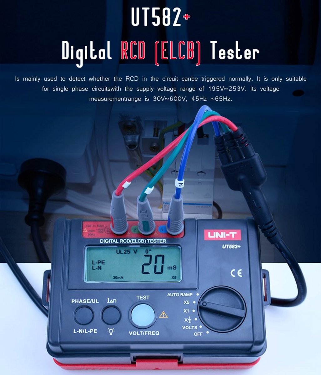 Digitale RCD Testset met AUTO RAMP en Buzzer voor Lekstroomschakelaars