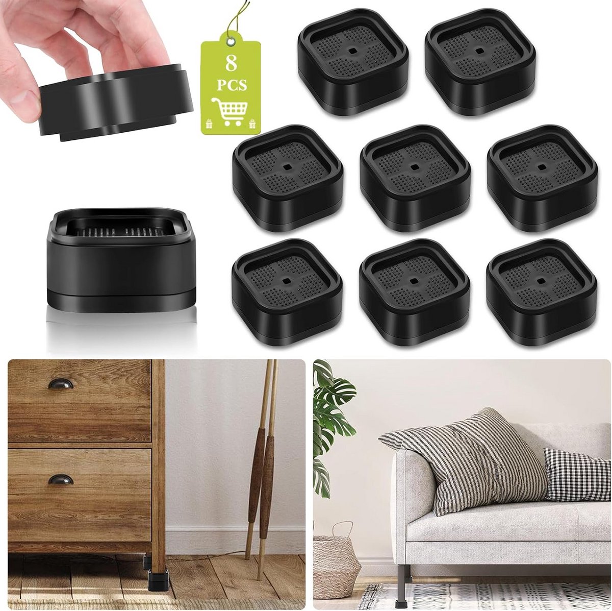 8 stuks Verstelbare en Stapelbare Meubelverhogers voor Bed, Bank en Bureau (Zwart/Bruin)