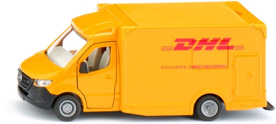 Gele Mercedes-Benz Sprinter DHL bestelwagen met logo's en tekst 'EXCELLENCE. SIMPLY DELIVERED.'.