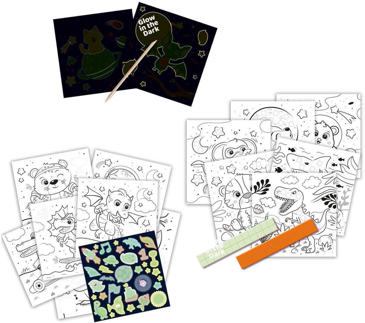 SES Creative- Doe kleurboek glow in the dark 3 in 1 - scratch, stickers en kleurplaten - met scratch pen – kleurboek voor kinderen — afbeelding 4
