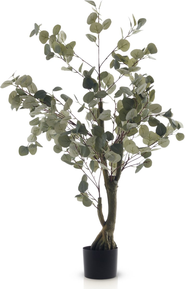 Meisterhome - Kunst Eucalyptus Plant 120 cm XL – Realistische Kunstplant Boom – Grote Kamerplant – Onderhoudsvrij – Grijsgroene Bladeren – Moderne Woondecoratie – In Zwarte Pot – Voor Woonkamer, Hal & Kantoor