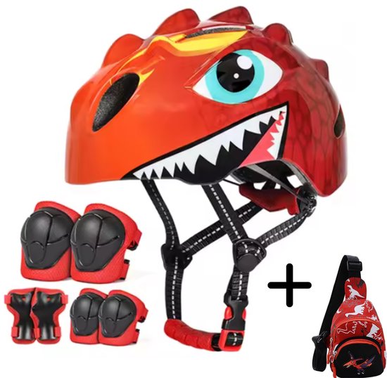 Victgoal Fietshelm Kind - Kinderhelm - Fietshelm Kinderen - Skate Beschermset - Kniebeschermers - Polsbeschermers - Elleboogbeschermers - Skate helm - Rood - 50-54cm - Geschikt voor kinderen vanaf 3 tot 8 Jaar - Met Dino Schoudertas