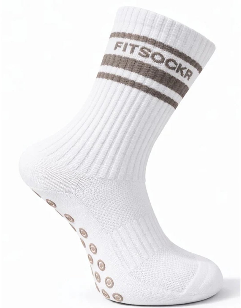 FitSockr Gripsokken Line - Sportsokken met grip - Grip socks - Antislip Sokken Heren/Dames/Kind - Gripsokken voor Voetbal/Fitness/Basketbal/Padel - Wit Bruin - Maat 32/36
