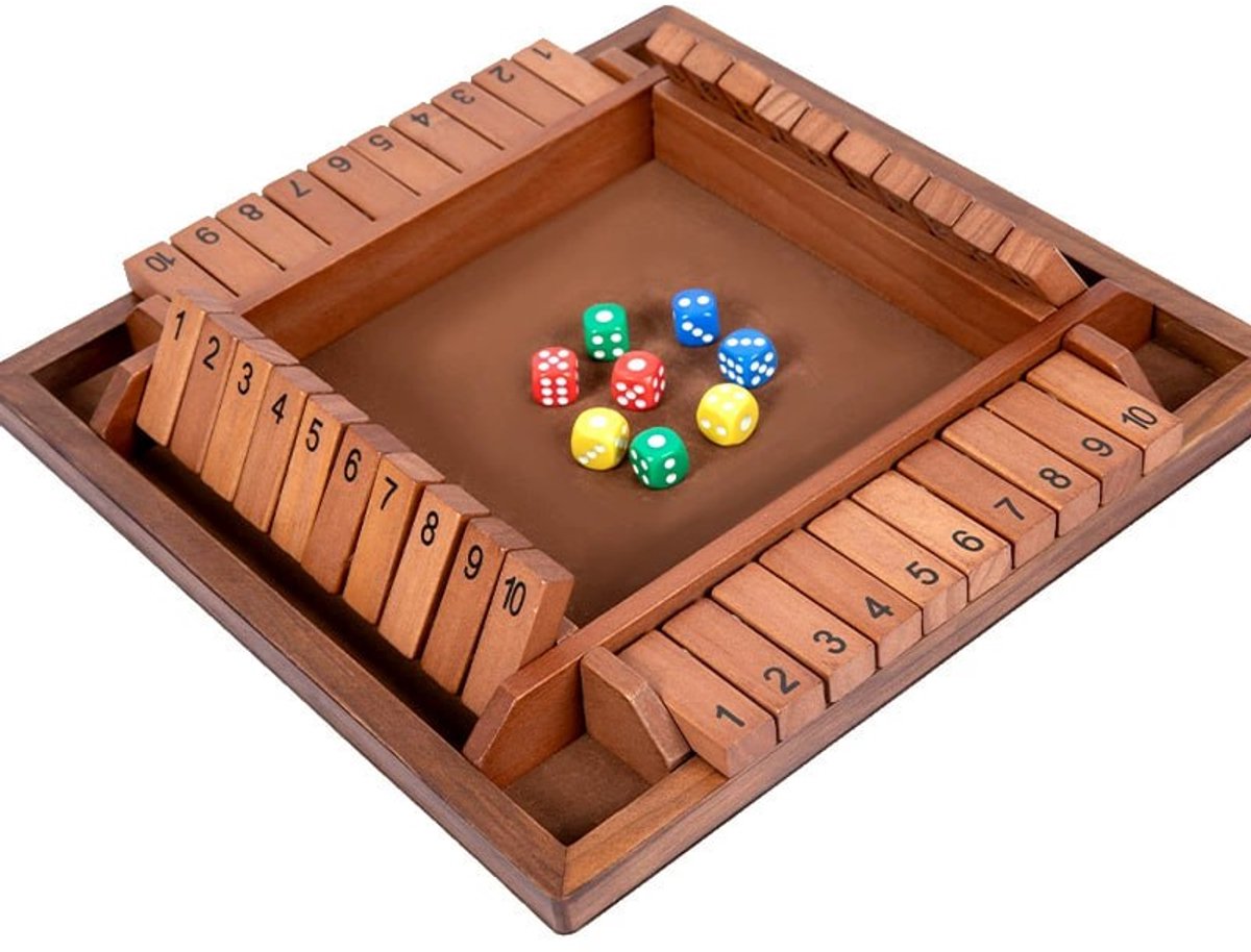 Flero Shut The Box, Houten Dobbelspel, Klepspel - 4 Spelers Familie Bordspel met 8 Dobbelstenen en Houten Bord - Montessori Tactiek- en Rekenspel voor Kinderen en Volwassenen vanaf 3 Jaar (Bruin