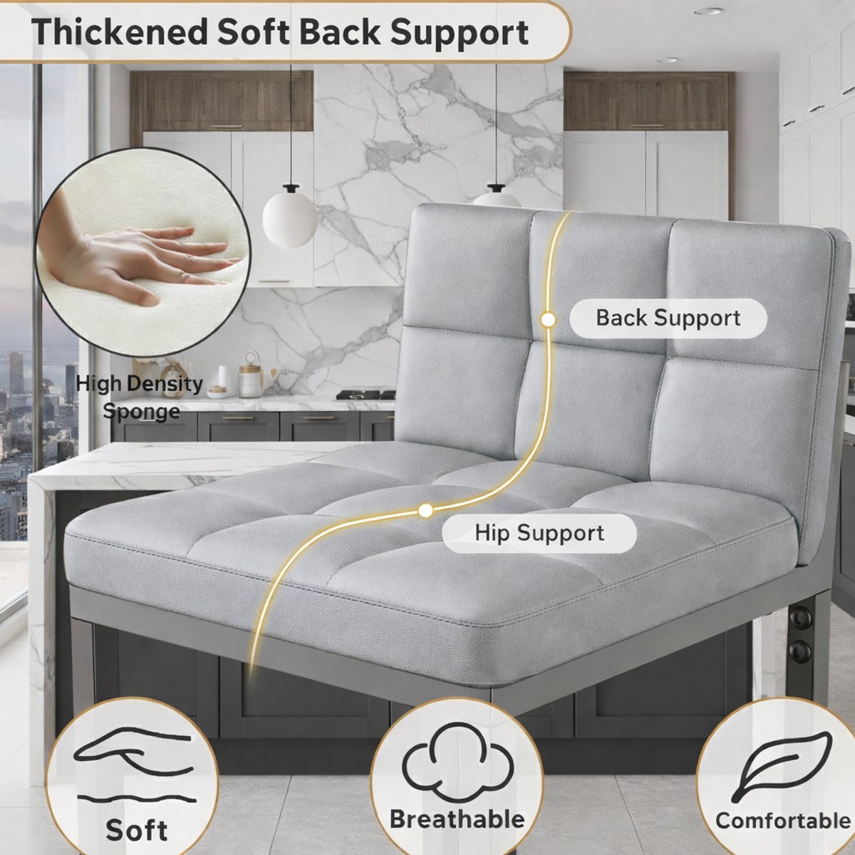 Barkruk met rugleuning set van 3 – Luxe barstoelen met stabiel metalen frame en zachte kunstleren zitting – Lichtgrijs, ergonomische keuken- en huisbarstoelen – House&Garden