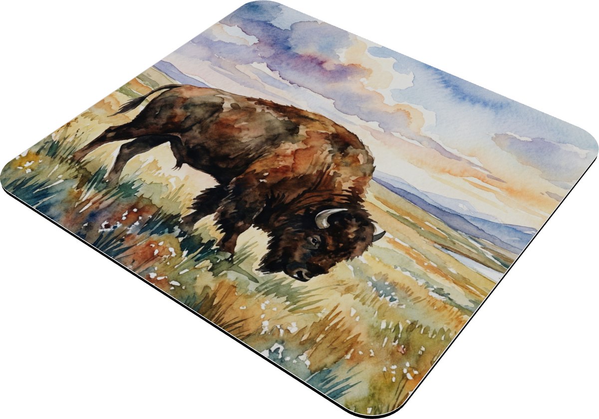 Muismat met Buffel op de Prairie - Aquarel Series - Stoer Amerikaans Wildlife Design - Bizon in Weids Landschap & Natuur Art - Uniek Cadeau voor haar: Vriendin & Collega - Stijlvolle Desktop Decoratie - Artistic Buffalo & Prairie Print