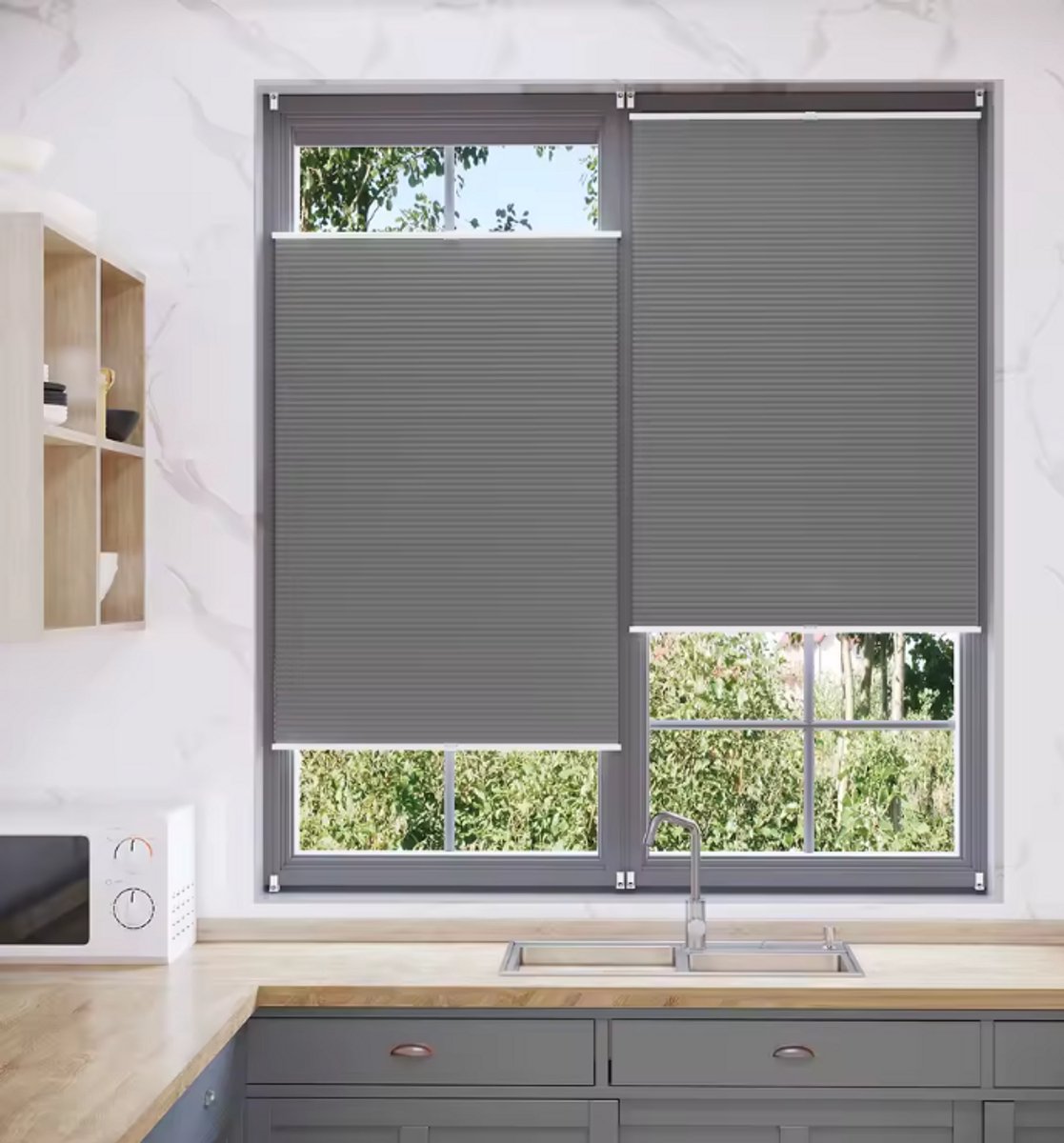 Verduisteringsrolgordijn Honingraat Zonder Boren – Thermisch Geïsoleerd Plisségordijn – Zonwering & Privacy – Grijs – 95 x 130 cm – Voor Raam & Deur – foto 4