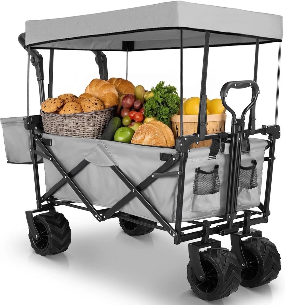 Opvouwbare Tuinwagen - Bolderkar - Transportwagen - Strandwagen - Campingkar - Handkar met Dak - 262L Inhoud - 115 kg Draagvermogen - Afneembare Luifel - Off Road Wielen - Verstelbare Duw en Trek Handgrepen - Stalen Frame - Oxford Stof