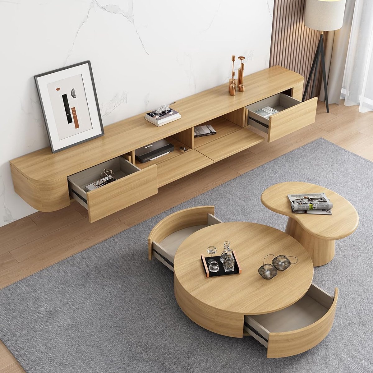 Hangend TV-Meubel 140 x 24 x 20 cm – Zwevend TV Lowboard van Massief Hout in Rustiek Bruin met Lades en Open Vakken – Moderne Woonwand & Media Meubel – Pauwhome