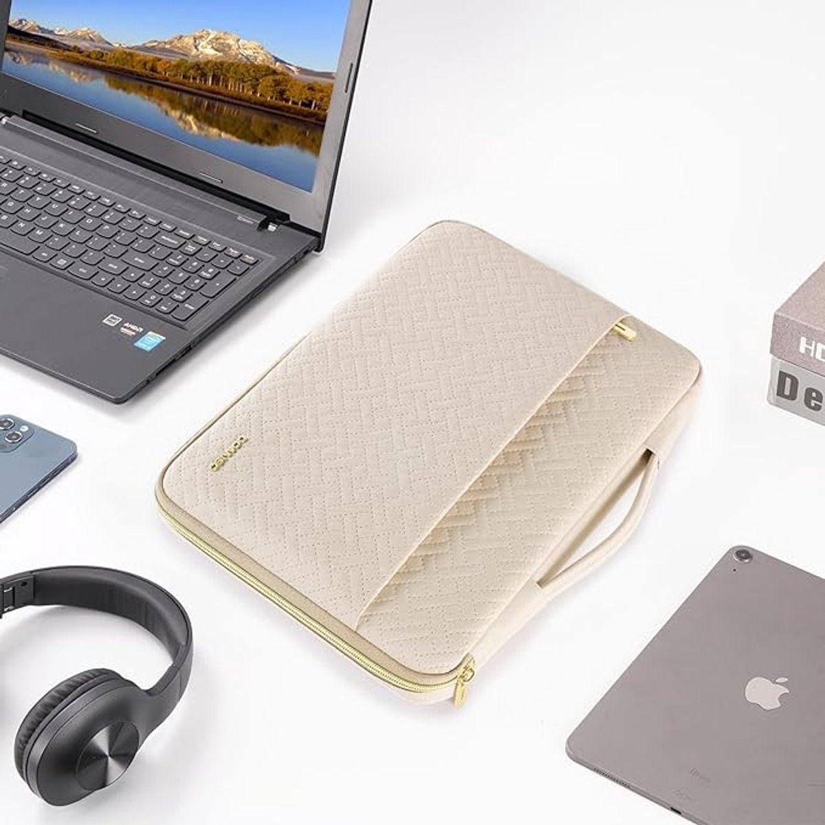 Stunq® Laptoptas 15,6 inch - Beschermende sleeve met accessoirevak - Beige