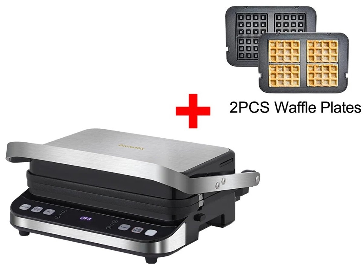 Lunekiss Contactgrill 2000W met uitneembare platen - 180 graden open grill en bakplaat, 6 programma's - met 2 wafelplaten