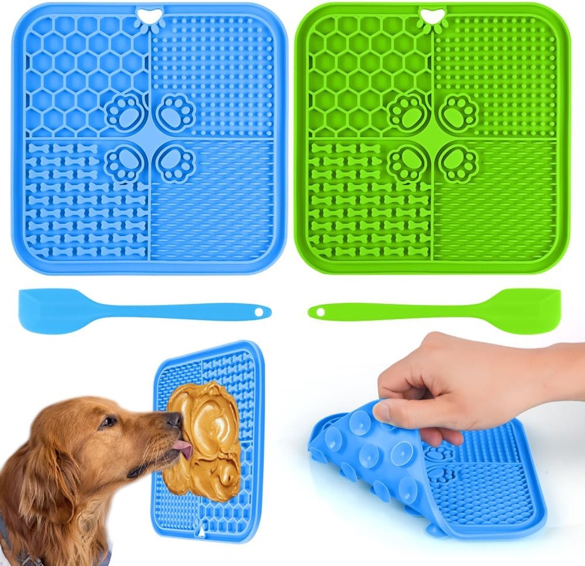 Famanu – Honden likmatten set van 2 - voedselveilige siliconen likmatten met zuignap en spatel - langzame voeding voor nat voer en pindakaas