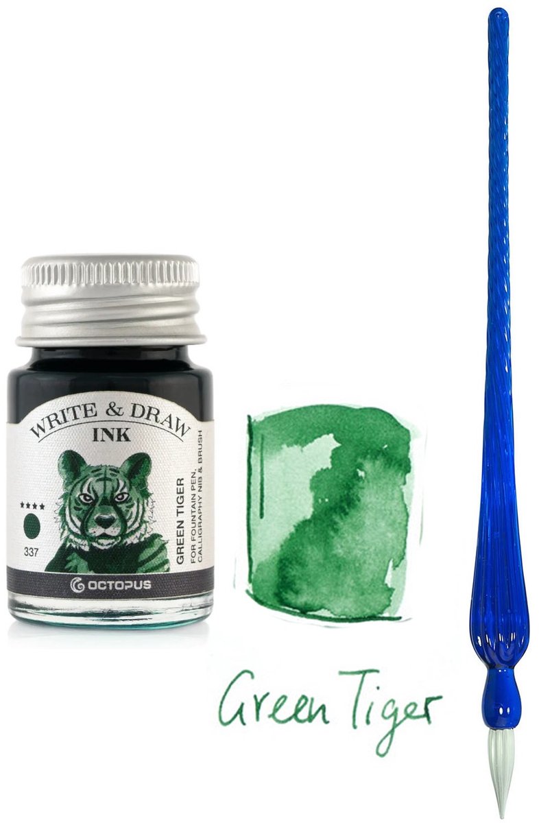 Glazen dip pen set in doosje - Blauw - Potje Octopus inkt green tiger
