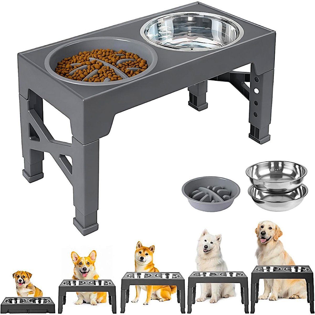 Voerbak Hond met Standaard - Voerbak Kat - Anti Schrokbak Hond - Verhoogde Voerbak - 5 Hoogtes - Slow Feeder - Grijs