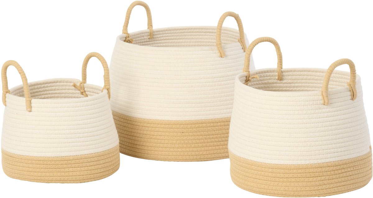 J-Line mand met handvat Rond - polyester - naturel/wit - set van 3