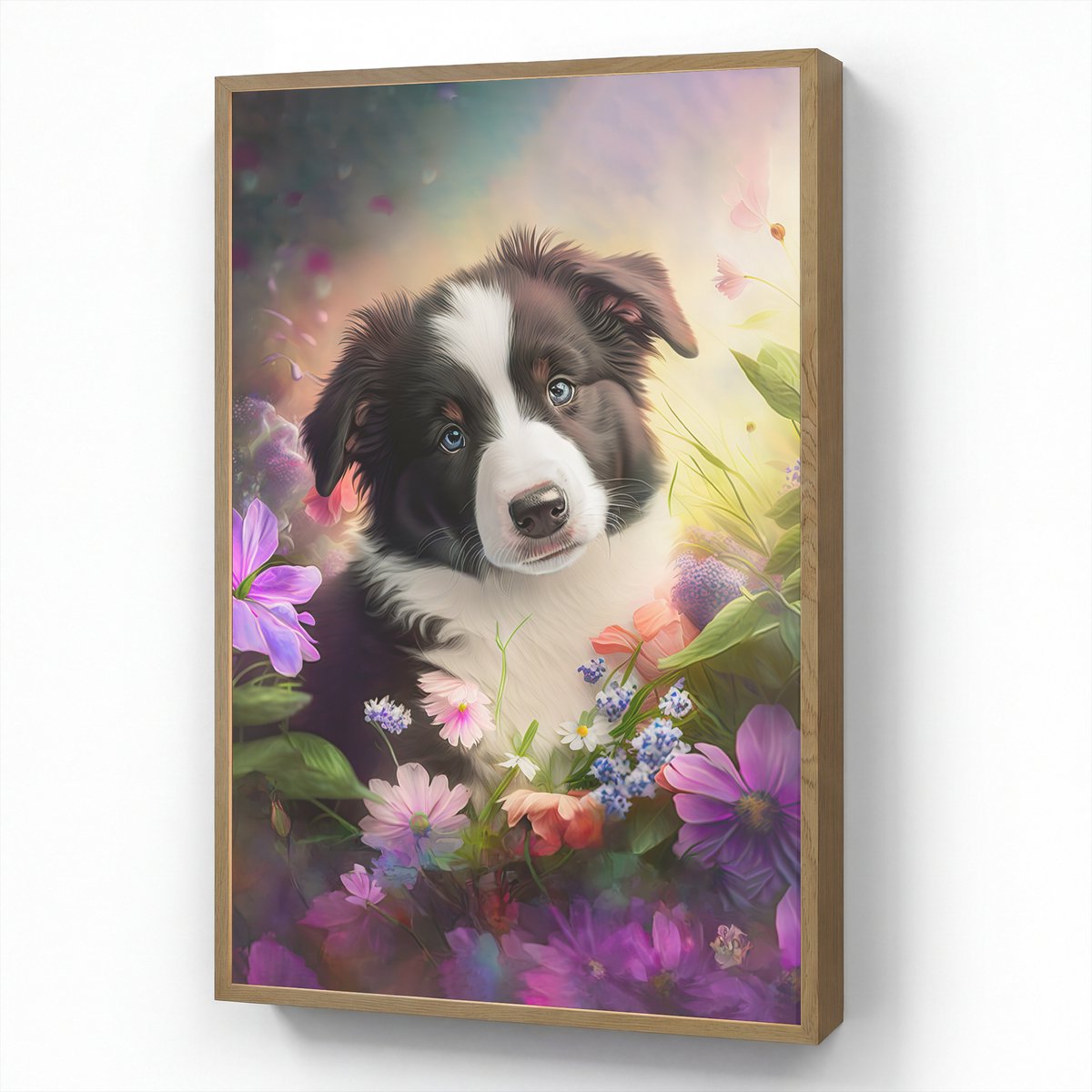 Wandlamp 60x90 cm - Oplaadbaar - Puppy - Zon - Bloemen - Natuur - Bordercollie - Hond - Wa