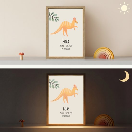 Nachtlampje 30x40 cm - Kinder lamp - Dino - Quote - Dinosaurus - Beige - Tafellamp kinderkamer draadloos - Slaapkamer lampje - Bedlamp kinderen - Kinderlampje - Wandlamp babykamer - Nachtlampjes van Merkloos — afbeelding 4