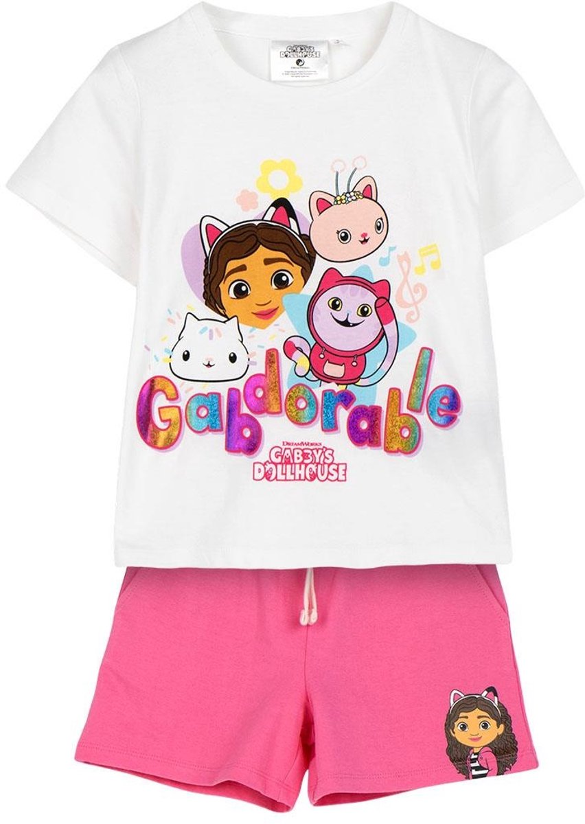 Gabby’s Dollhouse Zomerset Meisjes – T-shirt en Korte Broek – Kinder Kleding Set Roze Wit