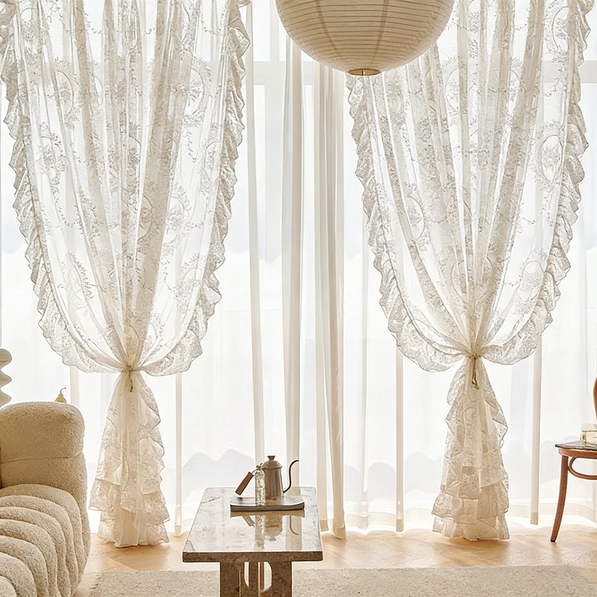 Floraweg Franse vintage kanten vitrages, halfdoorzichtig, voor slaapkamers, woonkamers en erkerramen – Lolita witte vitrages, 132x220cm