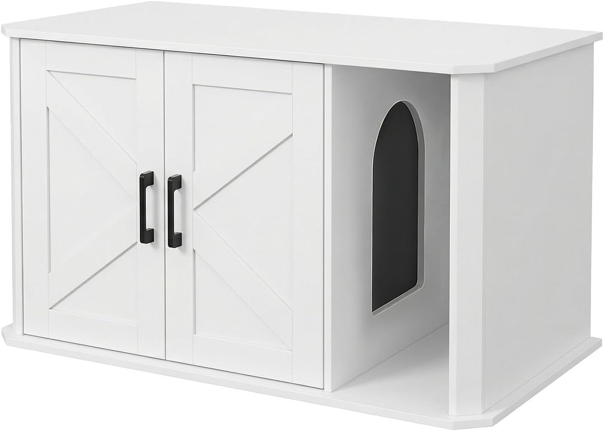 kattenbak ombouw - Kattenbakombouw van Hout - Kattenkast met Dubbele Deuren - Kattenhuis & Bijzettafel - Wit - 85 x 48 x 50 cm van HOERFURIY