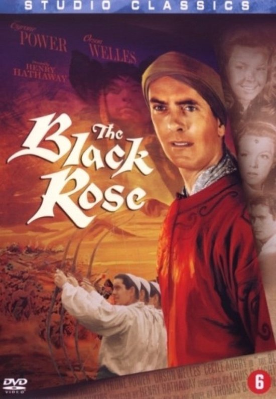 DVD-hoes van "The Black Rose". Tyrone Power draagt een rode traditionele outfit met een tulband.