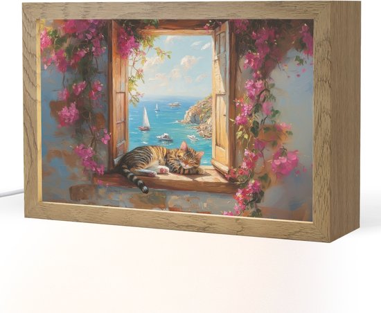 Tafellamp 30x20 cm - LED lamp - Kat - Blauwe zee - Roze bloemen - Decoratieve tafellampen - Dimbaar - Tafellampje slaapkamer - Woonkamer binnen