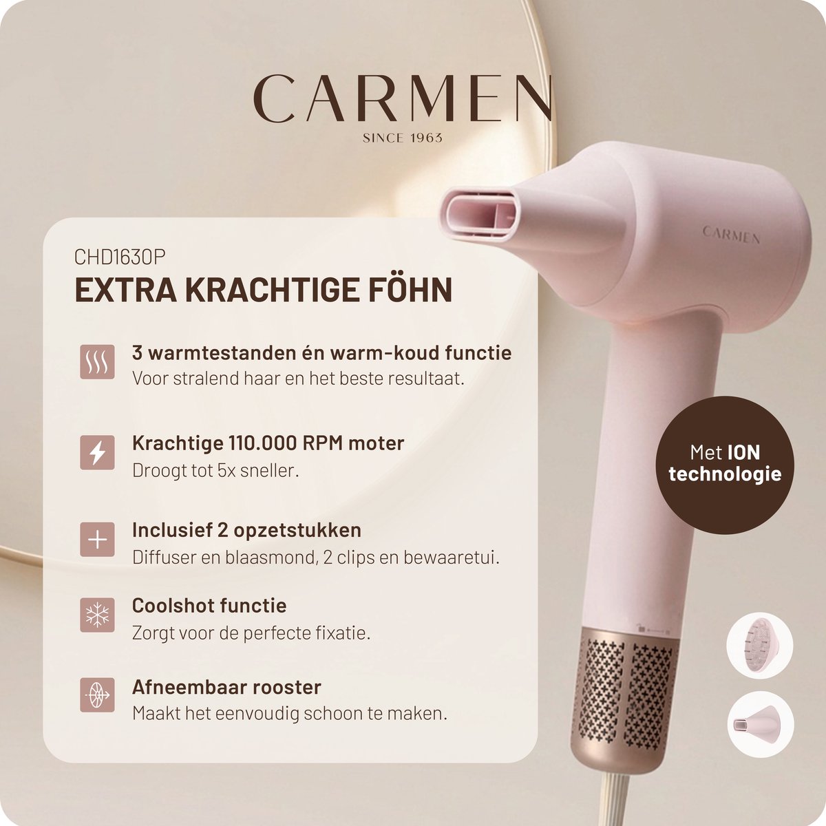 Carmen CHD1630P Föhn met Diffuser Roze - afbeelding 2