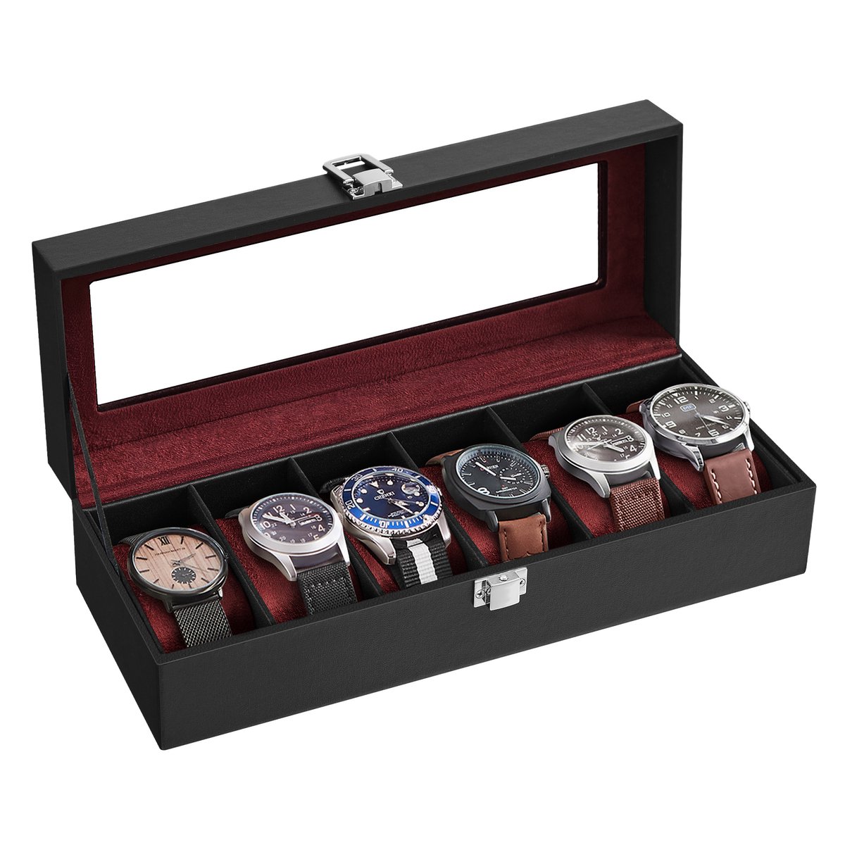 SONGMICS - Horloge Doos - Met 6 Vakken - Glazen Deksel - Luxe Opbergdoos voor Horloges