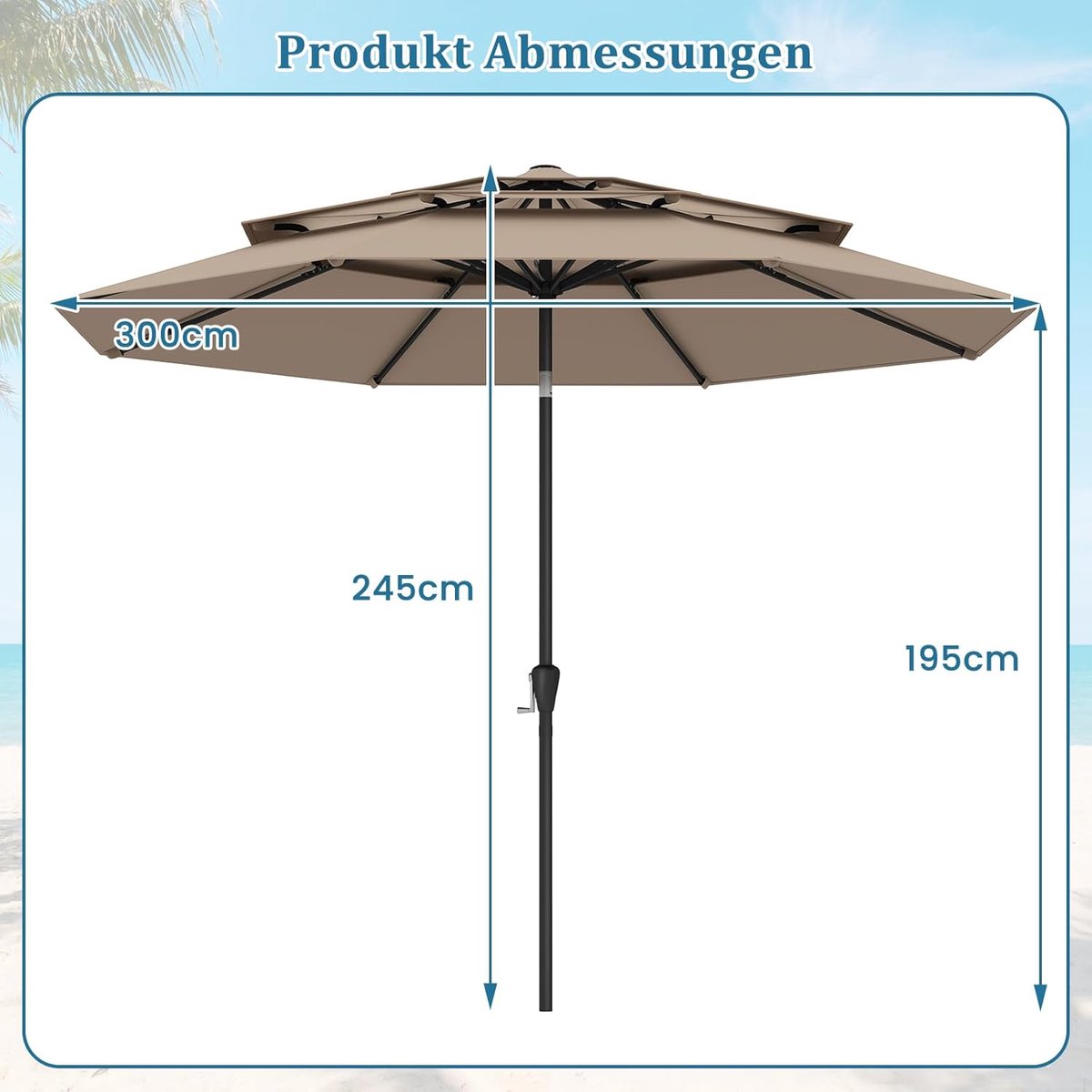 Tuinparasol Bellavero 210 cm Taupe – Rond, UV-bescherming UPF 50+, 30° Kantelbaar, Zwengelbediening, Waterafstotend Polyester, Voor Terras, Balkon en Zwembad – Duurzaam Stalen Frame – Afmetingen op...