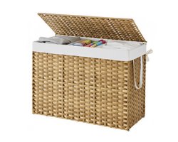 SONGMICS - Wasmand - Wasmand met 3 Vakken - Opvouwbare Rattan Wasmand - Met Deksel en Handvatten
