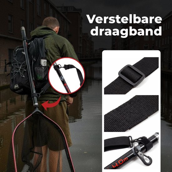 Man met rugzak draagt een visnet met verstelbare schouderband. Close-ups van de band en karabijnhaak.