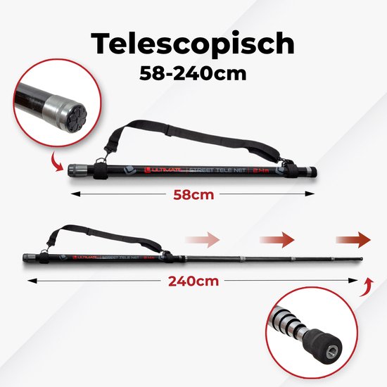 Telescopische visnetsteel, 58cm ingeklapt en 240cm uitgeschoven. Zwarte steel met rode tekst.