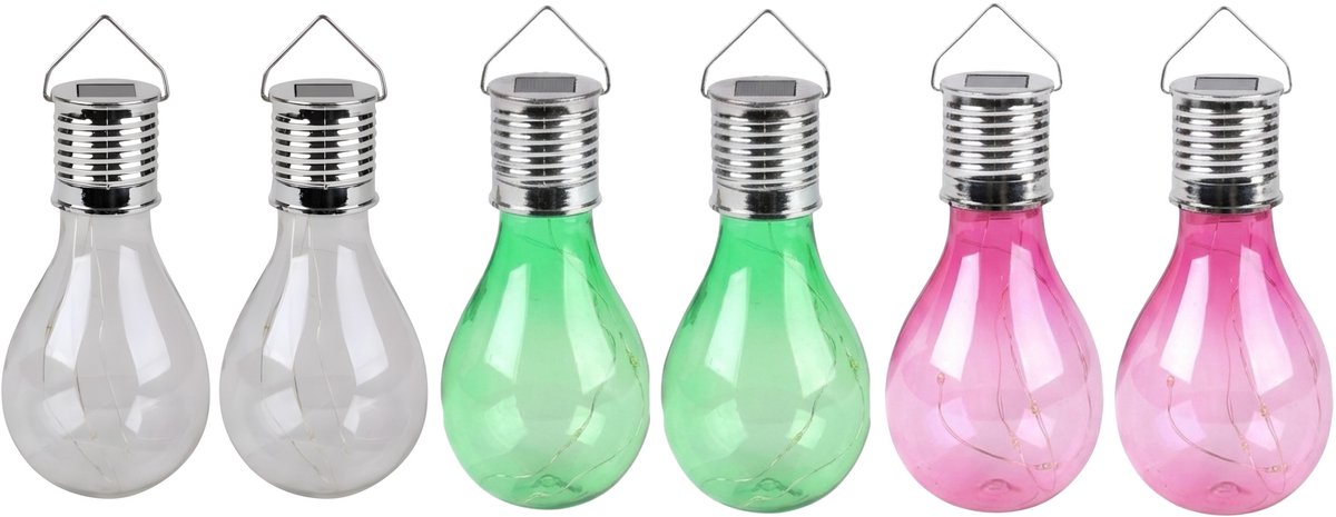 Solar sfeer tuin hanglampje - 6x stuks - wit / roze / groen - 15 cm - kunststof - sfeerver