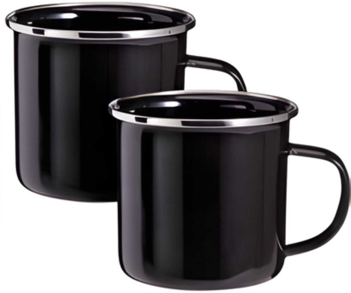 Redcliffs Drinkmokken - 2x stuks - zwart - 350 ml - emaille - kamperen/outdoor - mokken/bekers