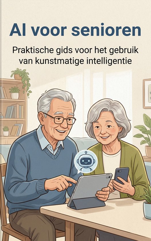 Een ouder echtpaar kijkt met een tablet en telefoon naar een AI-chatbot. Tekst: AI voor senioren.