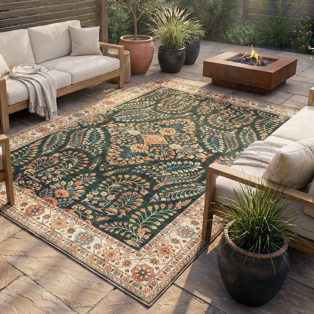 Fraai Vintage buitenkleed - Santo Flora Donkergroen - 120x170cm