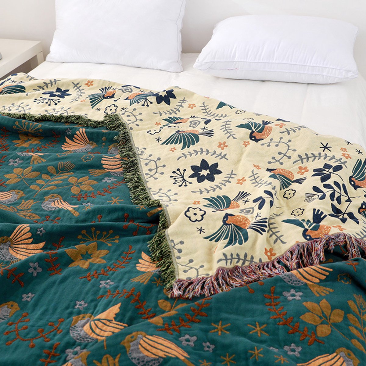 100% katoen geweven deken patroon, sprei met franjes, 150 x 200 cm, blauw, mooie en behaaglijke tv-bankdeken, fauteuildeken, omkeerbare deken, bedsprei-Sofa plaid